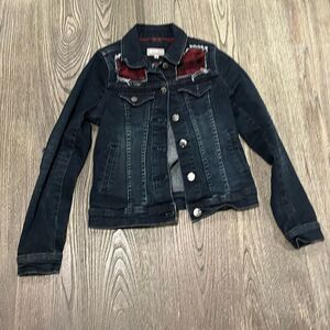 Tractr Boys Jean Jacket Button-Down Denim Flannel Plaid Patched Dark Blue Medium